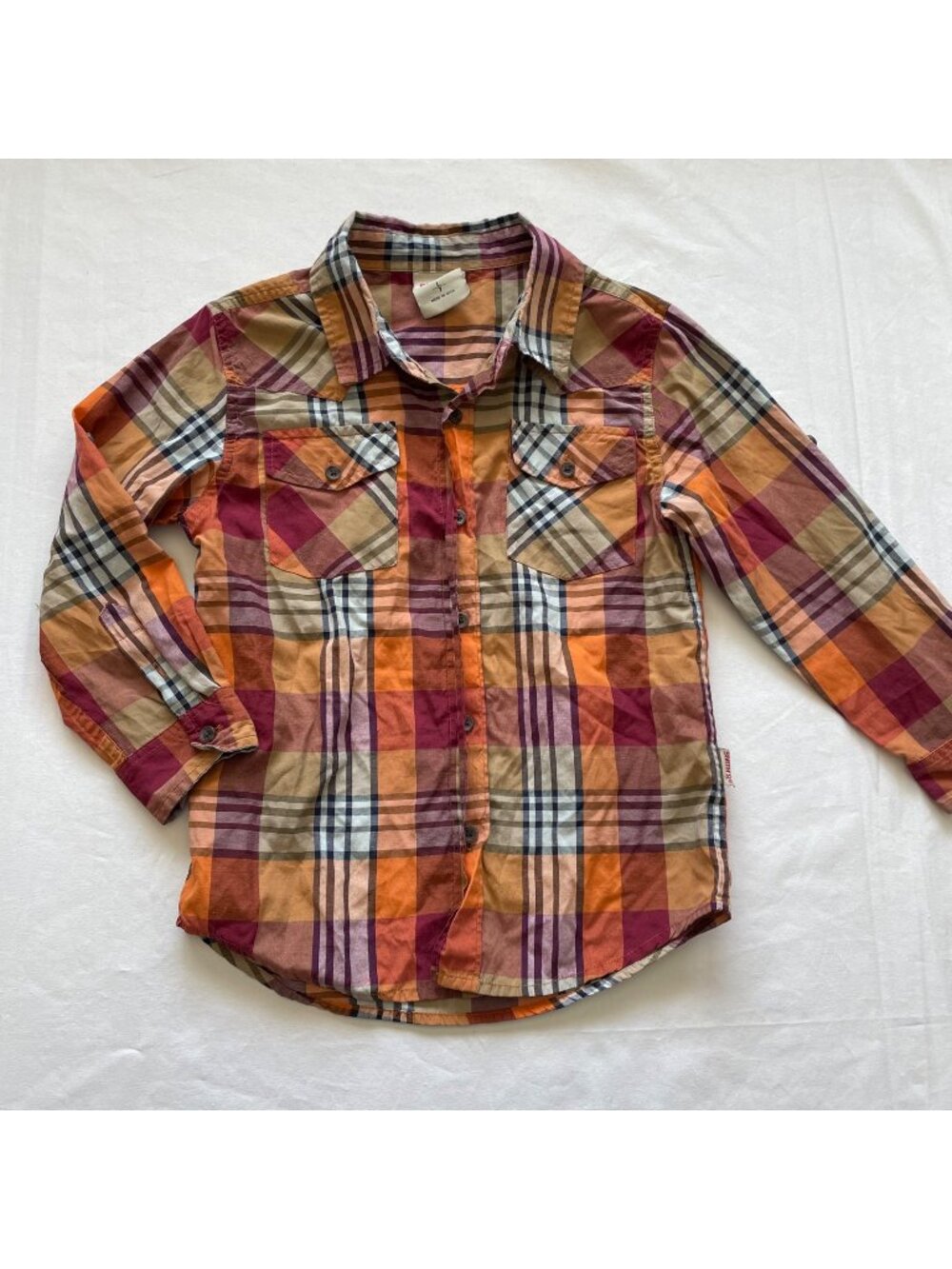 Smiths American Boys Plaid Button-Up Shirt Orange Checkered Size 7 Long Sleeves